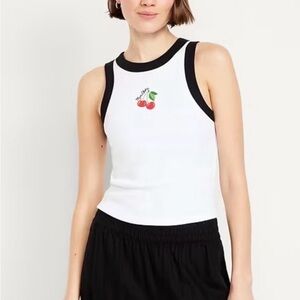 Old Navy Ribbed Tank Top White Black Trim Cherry Graphic Mon Cheri Size M